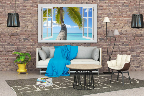 Leinwandbild Wandbild Fensterblick Meer Palmen Paradise