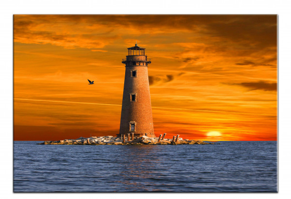 Wandbild Alu-Dibond Leuchtturm Wolken Ozean Sonnenuntergang