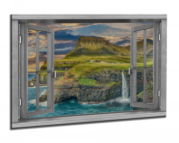 Leinwandbild Wandbild Fensterblick Meer Berge Wasserfall Landschaft