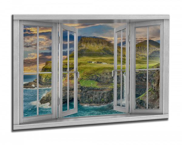 Leinwandbild Wandbild Fensterblick Meer Berge Wasserfall Landschaft