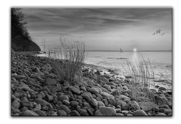 Leinwandbild Wandbild Strand Meer Ostsee Sonnenuntergang Schwarzweiß