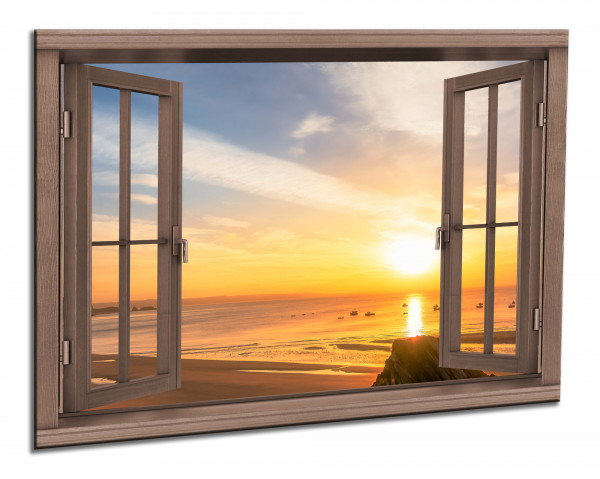 Leinwandbild Wandbild Fensterblick Strand Meer Sonnenuntergang Landschaft