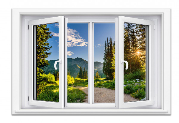 Leinwandbild Wandbild Fensterblick Berge Bäume Landschaft
