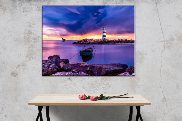 Wandbild Alu-Dibond Leuchtturm Wolken Ozean Sonnenuntergang