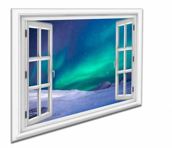 Leinwandbild Wandbild Fensterblick Polarlicht Nördlich Himmel Landschaft