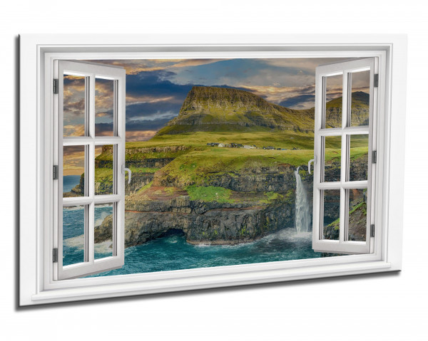 Leinwandbild Wandbild Fensterblick Meer Berge Wasserfall Landschaft