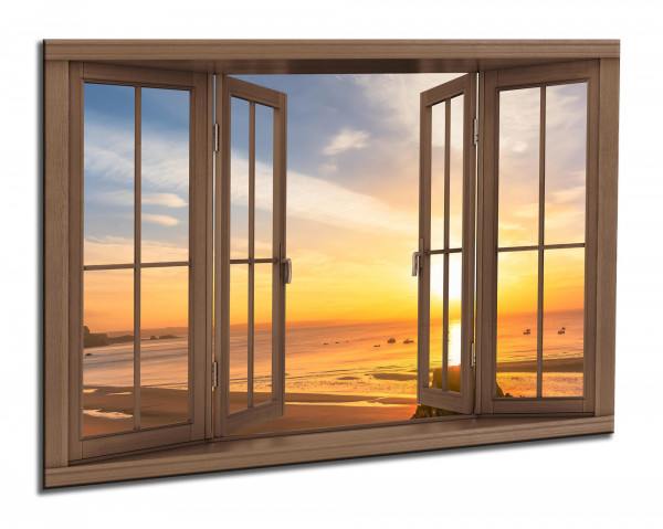 Leinwandbild Wandbild Fensterblick Meer Sonnenuntergang
