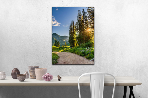 Wandbild Alu-Dibond Berge Bäume Sonnenuntergang Landschaft