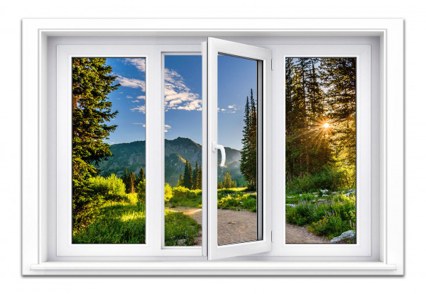 Leinwandbild Wandbild Fensterblick Berge Bäume Landschaft