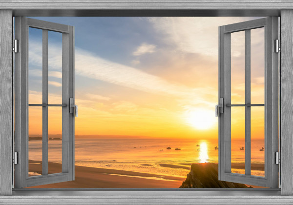 Leinwandbild Wandbild Fensterblick Meer Strand Sonnenuntergang