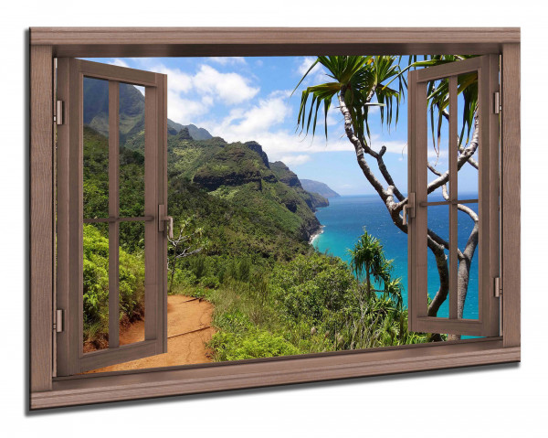 Leinwandbild Wandbild Fensterblick Meer Berge Bäume Landschaft