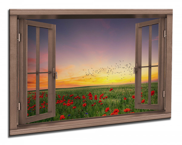 Leinwandbild Wandbild Fensterblick Mohn Pflanzen Sonnenuntergang