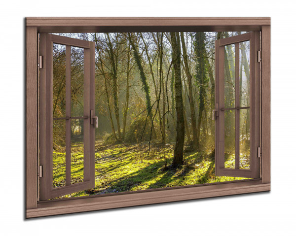 Leinwandbild Wandbild Fensterblick Wald Bäume Sonnenschein Landschaft
