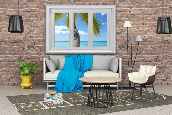 Leinwandbild Wandbild Fensterblick Meer Palmen Paradise