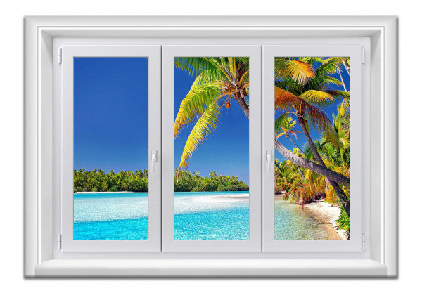 Leinwandbild Wandbild Fensterblick Meer Palmen Paradise