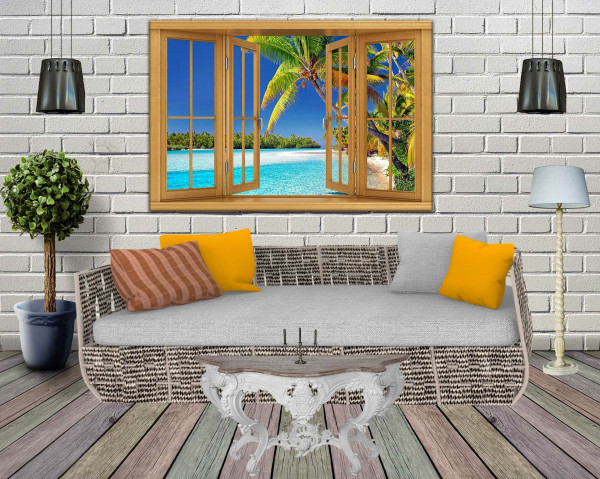 Leinwandbild Wandbild Fensterblick Meer Palmen Paradise