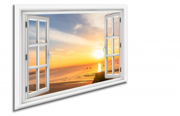 Leinwandbild Wandbild Fensterblick Strand Meer Sonnenuntergang Landschaft